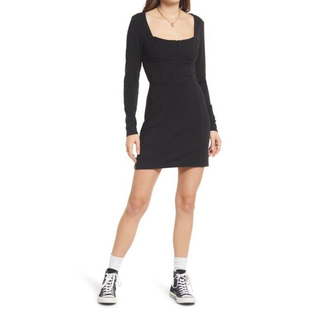 NWT BP Nordstrom Square Neck Corset Black Dress Medium Ribbed‎ Long Sleeve